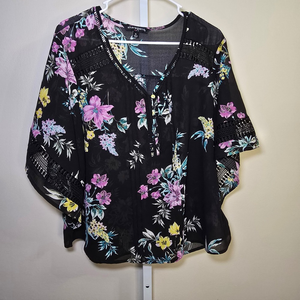 Sharagano Ladies‎ XL Floral Print Kimono Sleeve Blouse Top Black Pink Yellow